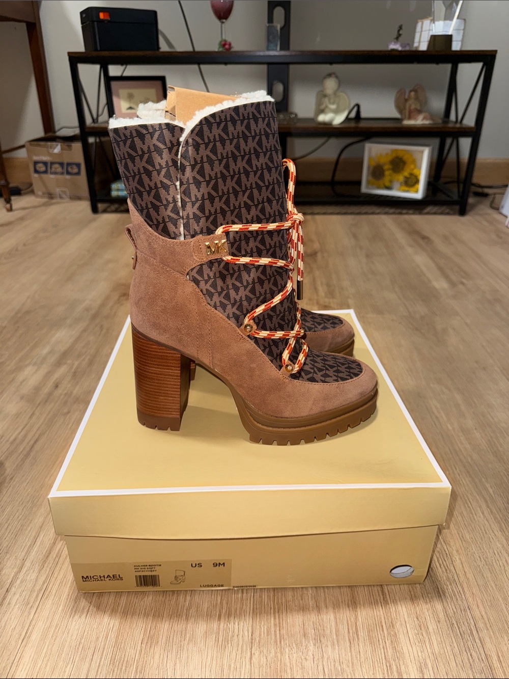 Michael Kors Brown Suede & Logo Lace-Up Block Heel Boots